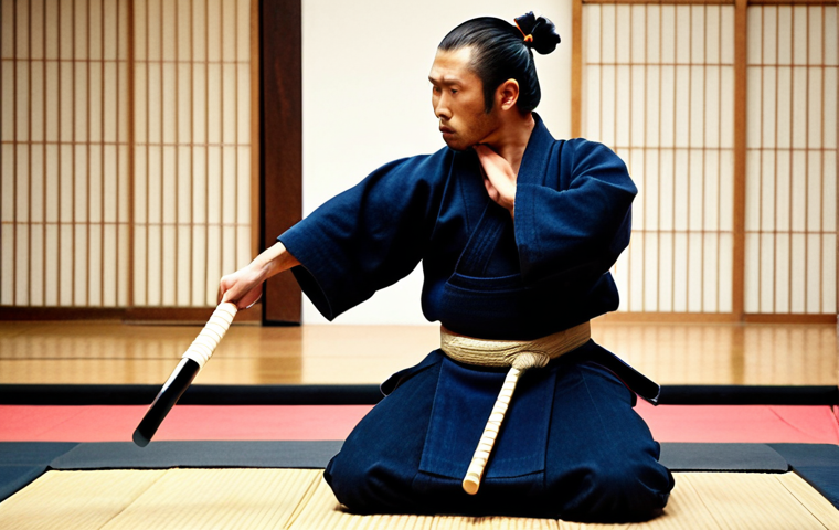 **
A kendo match in progress. Focus on the *datotsu-bui* (target area) of *Men*. A kendoka strikes with precision, displaying strong *kiai*. Judges observing intently. Emphasize the concentration and intensity of the moment.
**