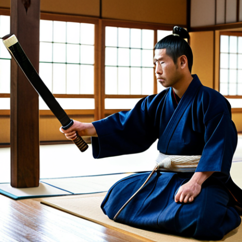 Home 23 **
"A kendoka fully clothed in a traditional Kendo Gi and Hakama, holding a Shinai in a dojo setting, demonstrating proper form, safe for work, appropriate content, perfect anatomy, natural proportions, professional Kendo demonstration, high quality."
**