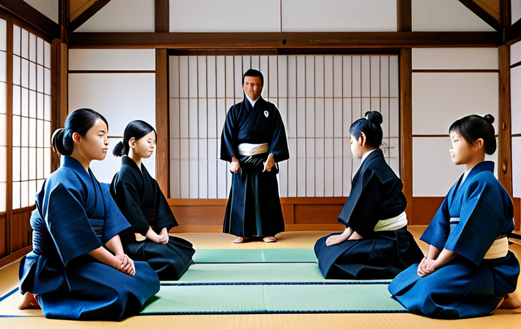 Kendo Practice Scene**
"A group of adults and children, fully clothed in modest kendo keikogi and hakama, practicing basic stances in a well-lit dojo, appropriate attire, safe for work, professional instruction, perfect anatomy, natural proportions, family-friendly atmosphere."
**
