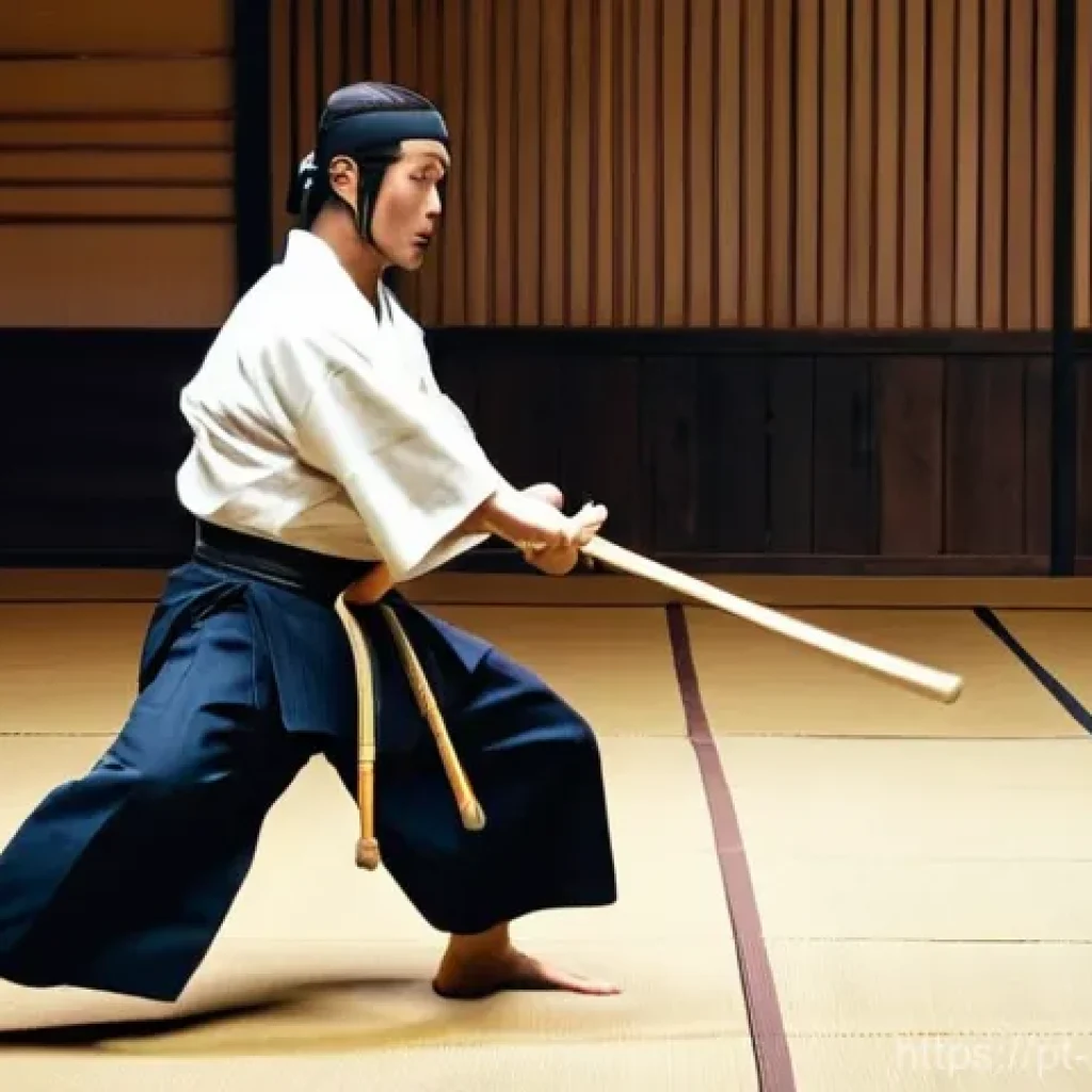검도 대나무 검의 종류 - **Dynamic Kendo Action with Dobari Shinai:**
    "A male kendoka in his late 20s, wearing a full, cl...