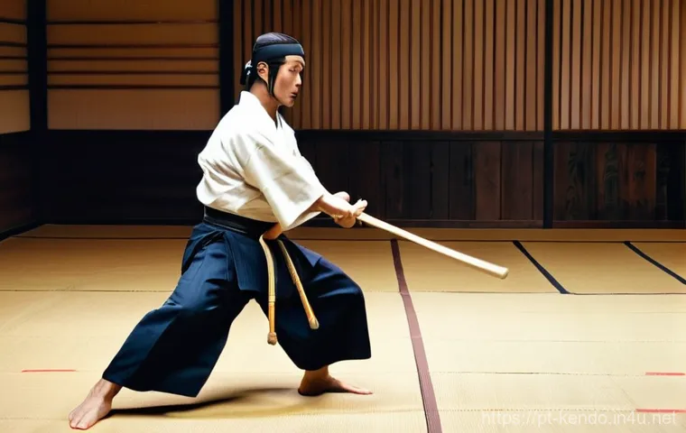 검도 대나무 검의 종류 - **Dynamic Kendo Action with Dobari Shinai:**
    "A male kendoka in his late 20s, wearing a full, cl...
