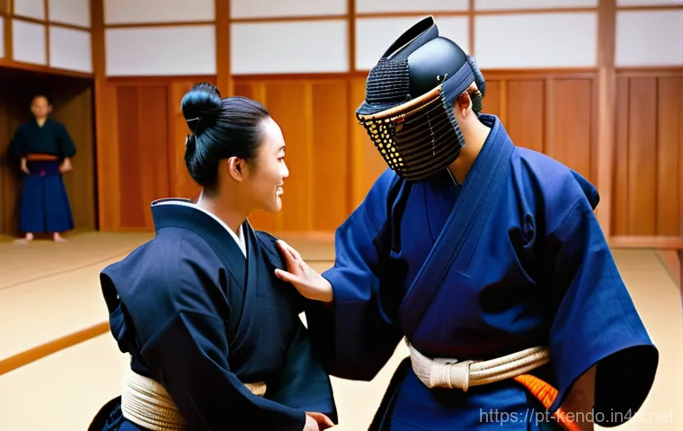 검도 장비 구매 할인 코드 - **Prompt:** A vibrant scene featuring three diverse Kendo practitioners (one male, two female, or vi...