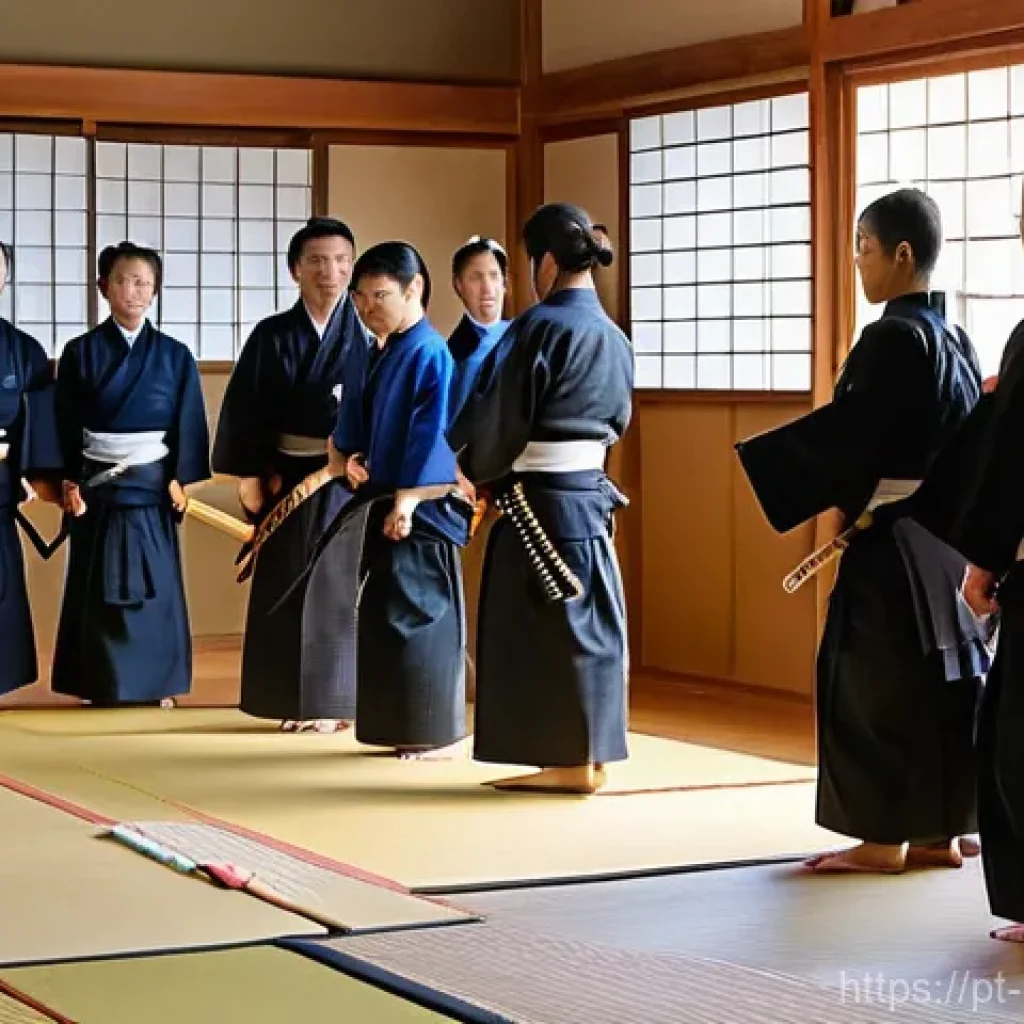 검도 교습소 창업 - **A vibrant Kendo training session in a modern, welcoming dojo.**
    A diverse group of Kendo pract...