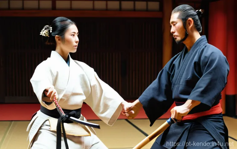 검도의 매력 - **Prompt:** A female Kenshi in her early 30s, mid-practice, demonstrating remarkable resilience and ...