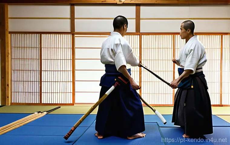 검도 대회 역사 - **Prompt 1: Edo Period Kendo Practice**
"An intricate illustration depicting a serene Kendo *doj...
