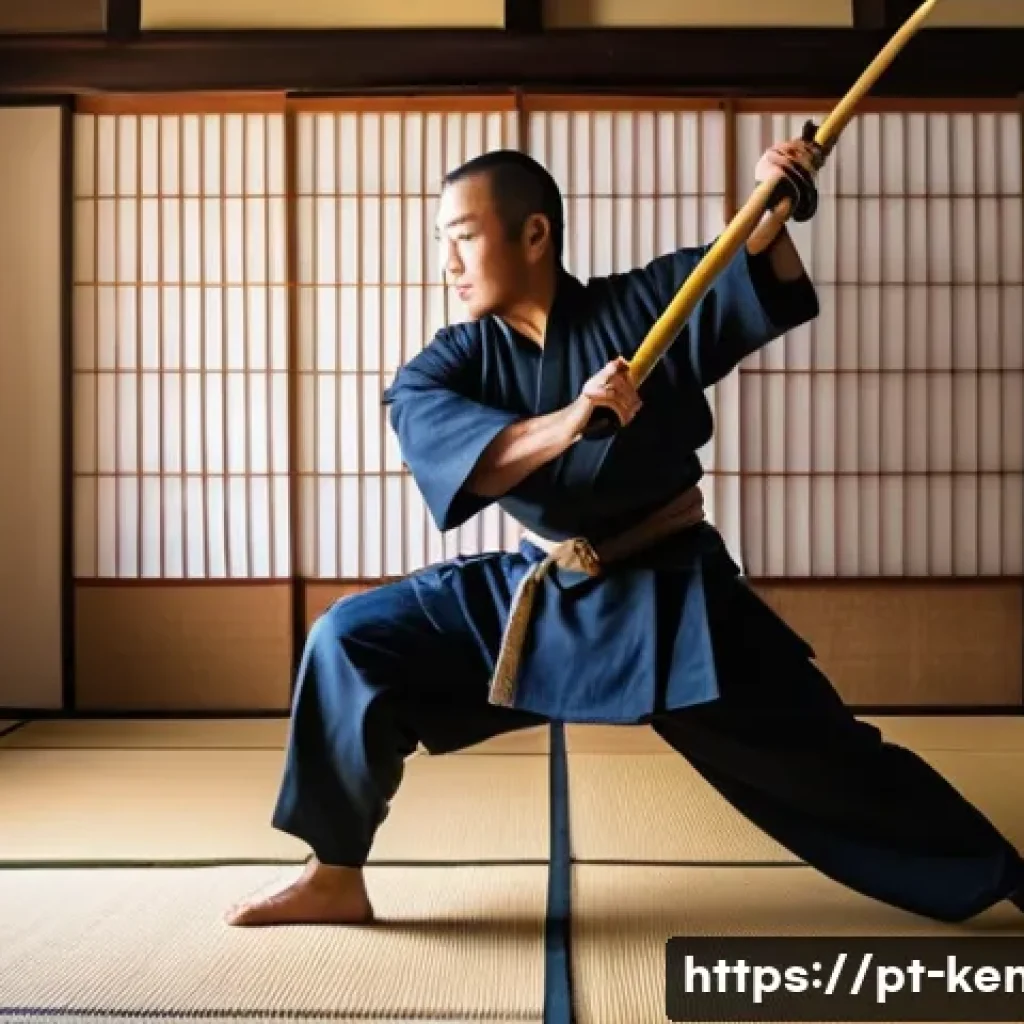 검도와 심리 훈련 - A focused kendō practitioner in full traditional armor, striking a precise pose with shinai (bamboo ...
