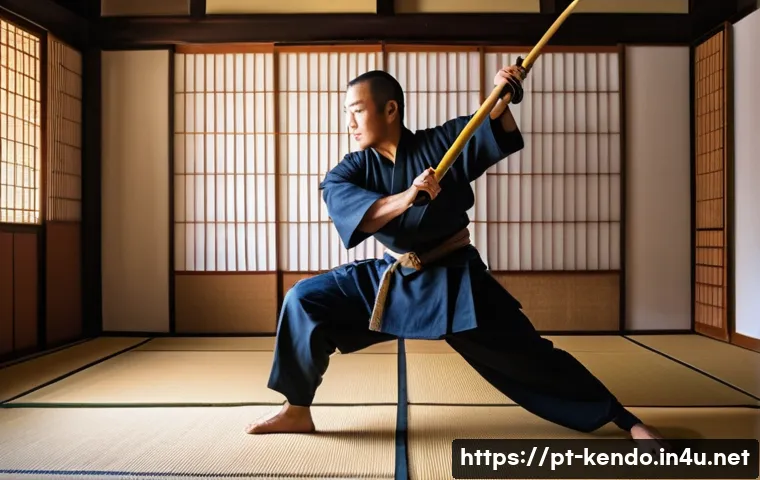 검도와 심리 훈련 - A focused kendō practitioner in full traditional armor, striking a precise pose with shinai (bamboo ...