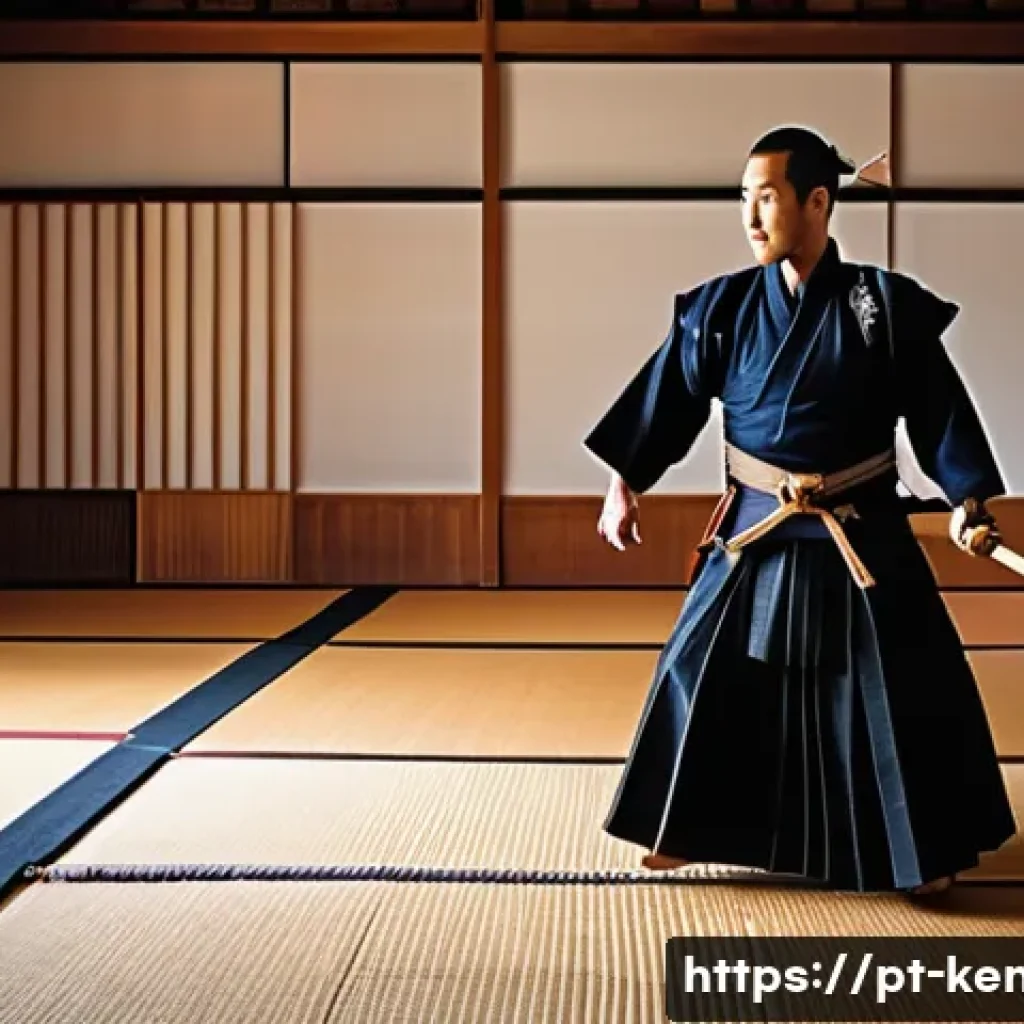 검도 실력 향상 팁 - A focused kendo practitioner wearing full bogu armor, including men and kote, performing precise foo...