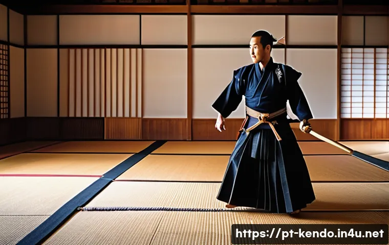 검도 실력 향상 팁 - A focused kendo practitioner wearing full bogu armor, including men and kote, performing precise foo...