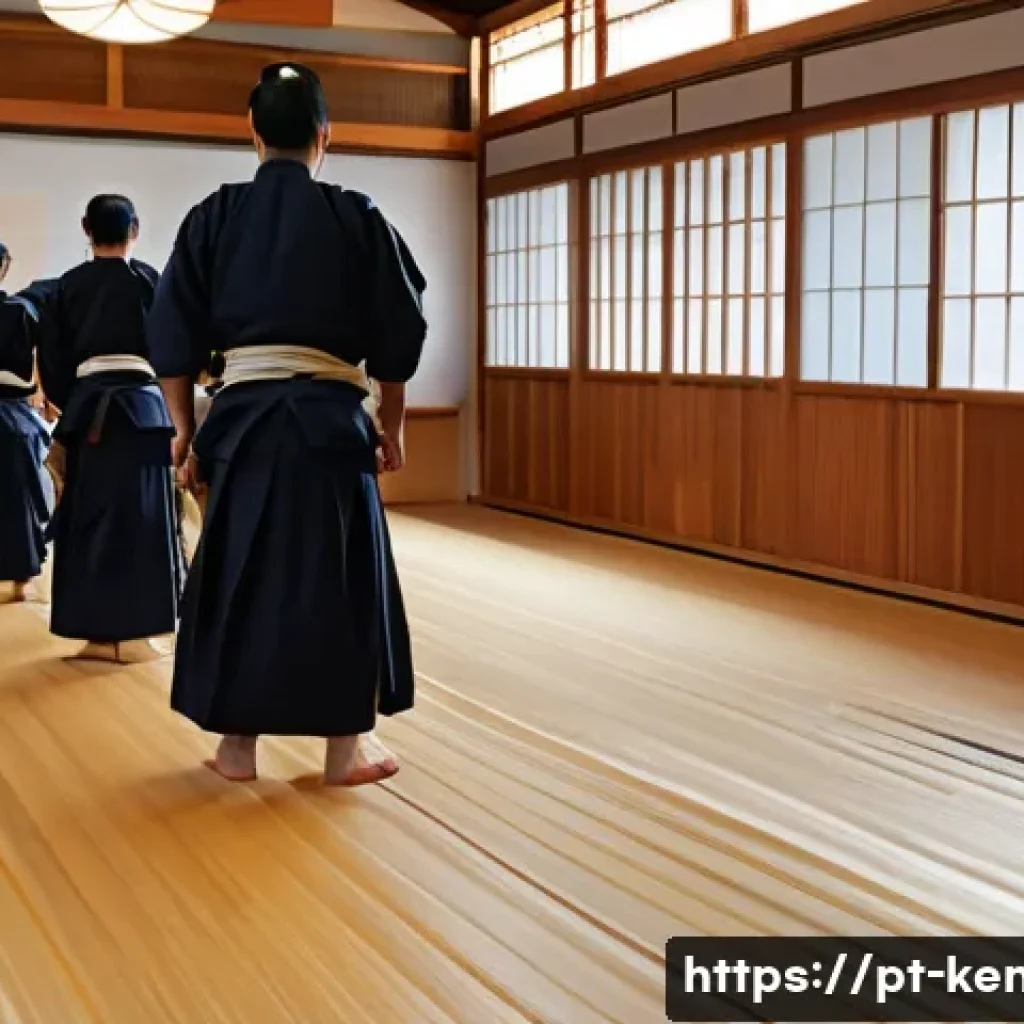 검도 도장 선택 팁 - A spacious, well-lit kendo dojo interior with polished wooden floors designed to prevent injuries, l...