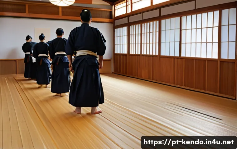 검도 도장 선택 팁 - A spacious, well-lit kendo dojo interior with polished wooden floors designed to prevent injuries, l...