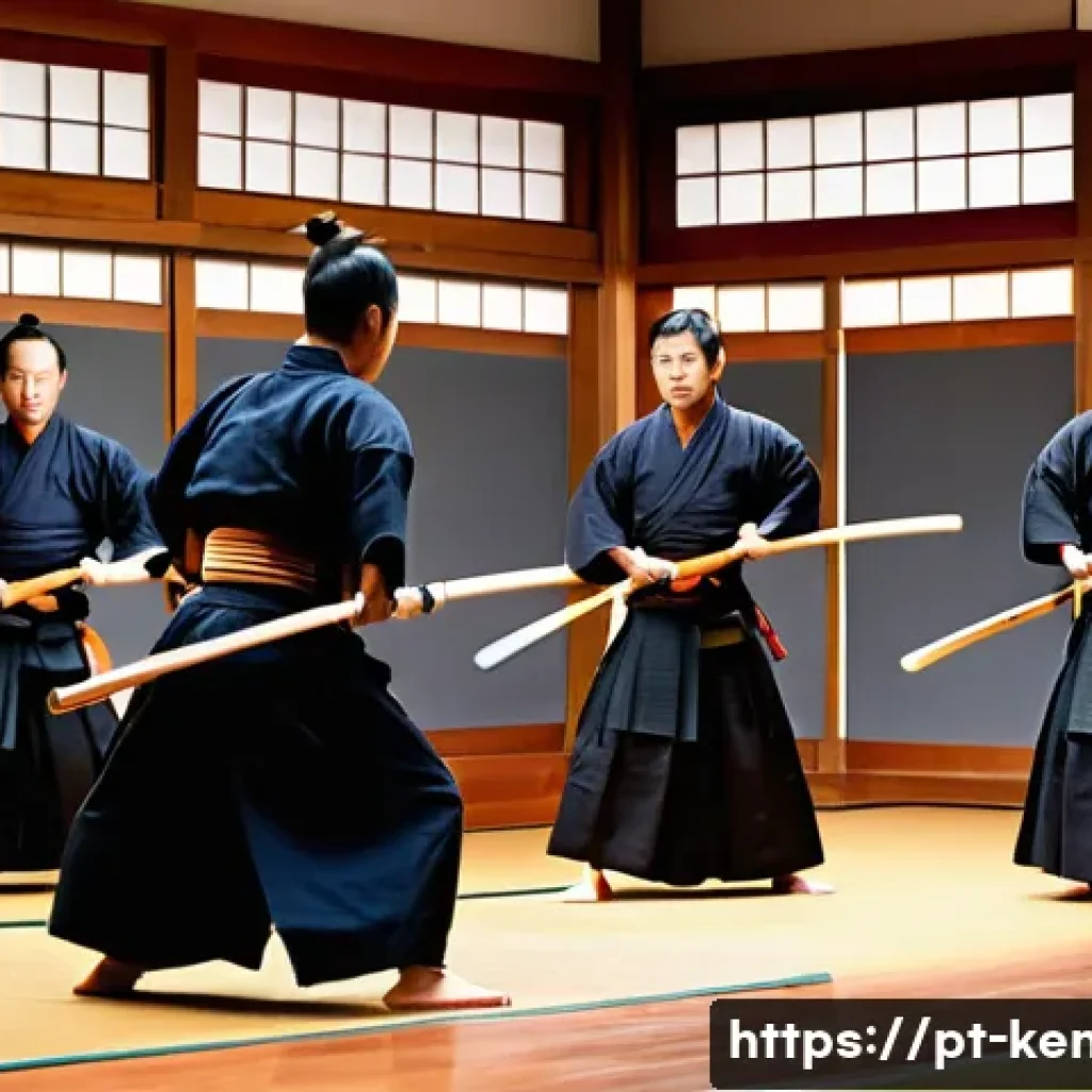 검도 유튜브 채널 운영법 - A dynamic and detailed scene of a kendo training session in a traditional dojo with wooden floors an...