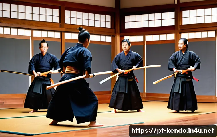 검도 유튜브 채널 운영법 - A dynamic and detailed scene of a kendo training session in a traditional dojo with wooden floors an...