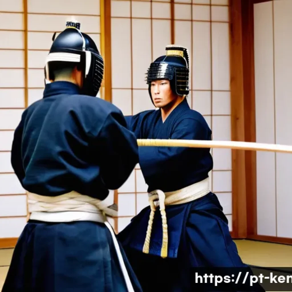 검도 정식 경기 규칙 - A dynamic kendo match scene showing two adult competitors in full traditional kendo armor, including...