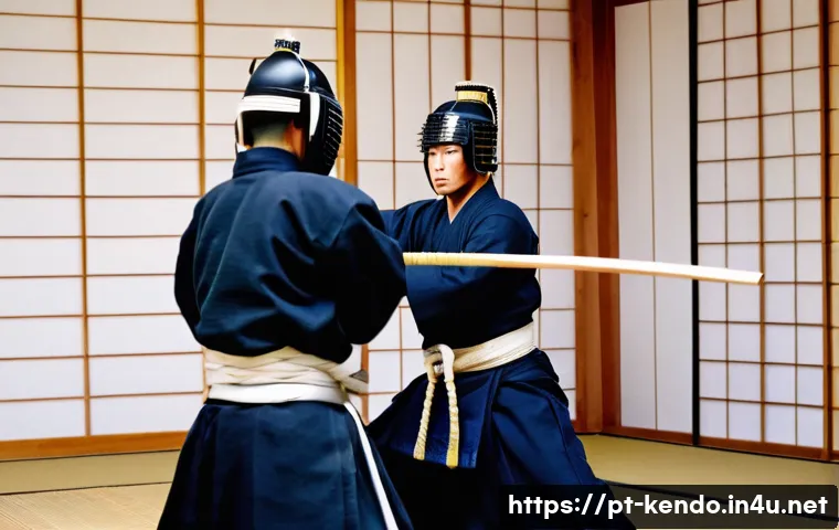 검도 정식 경기 규칙 - A dynamic kendo match scene showing two adult competitors in full traditional kendo armor, including...