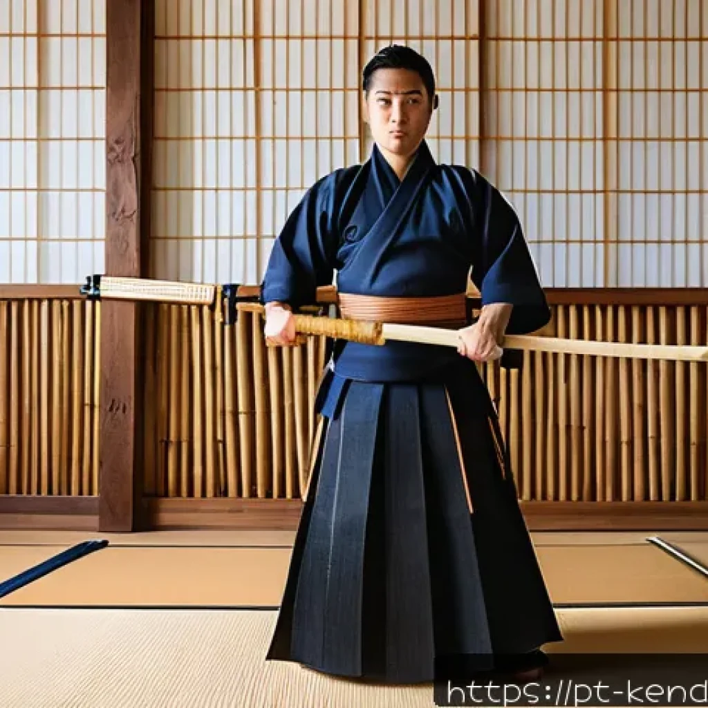 검도 관련 인스타그램 트렌드 - A dynamic scene of a young adult practicing Kendo in a modern dojo, wearing lightweight synthetic fi...
