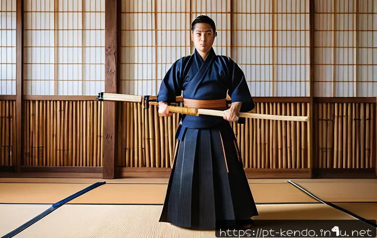 검도 관련 인스타그램 트렌드 - A dynamic scene of a young adult practicing Kendo in a modern dojo, wearing lightweight synthetic fi...