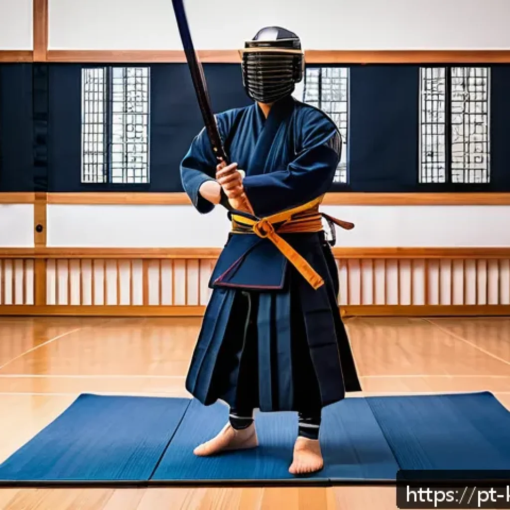 검도 훈련 앱 소개 - A young adult practicing Kendo indoors using a modern digital training app on a large screen, wearin...