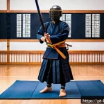 Home 22 검도 훈련 앱 소개 - A young adult practicing Kendo indoors using a modern digital training app on a large screen, wearin...