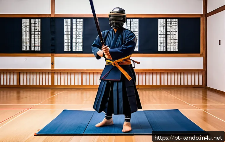 검도 훈련 앱 소개 - A young adult practicing Kendo indoors using a modern digital training app on a large screen, wearin...