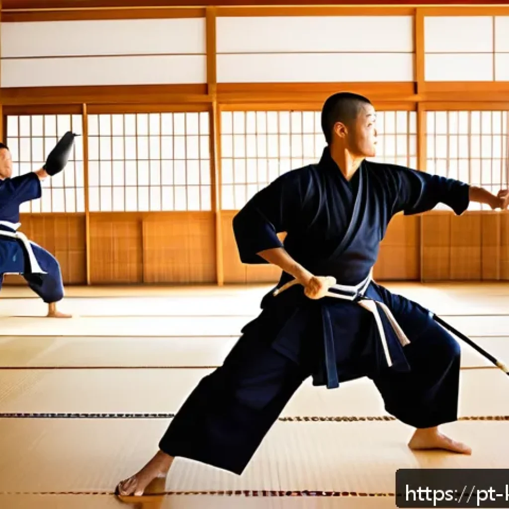 검도 스트레칭 방법 - A dynamic warm-up session in a bright, modern dojo designed for Kendo practice, showing a fit adult ...