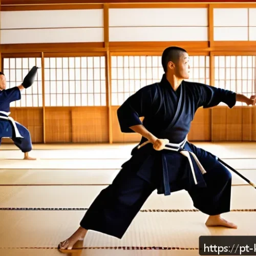 Home 33 검도 스트레칭 방법 - A dynamic warm-up session in a bright, modern dojo designed for Kendo practice, showing a fit adult ...
