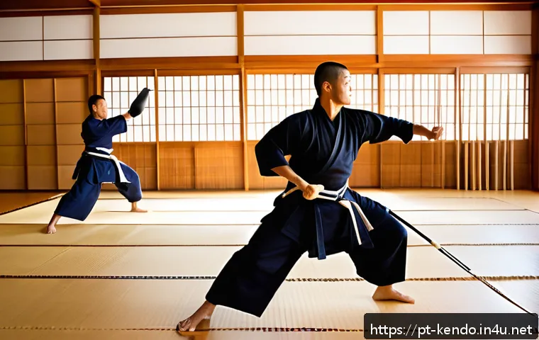 검도 스트레칭 방법 - A dynamic warm-up session in a bright, modern dojo designed for Kendo practice, showing a fit adult ...