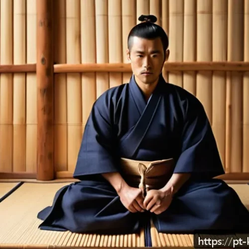 Home 32 검도 기본 동작 연습법 - A young adult male kendo practitioner in a traditional keikogi and hakama, standing in perfect kendo...
