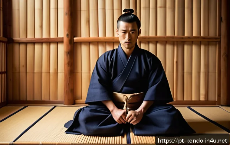 검도 기본 동작 연습법 - A young adult male kendo practitioner in a traditional keikogi and hakama, standing in perfect kendo...