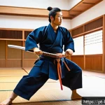 Home 19 검도 방어 기술 - A dynamic kendo match scene showing two adult male kendokas in full traditional armor (men, do, kote...