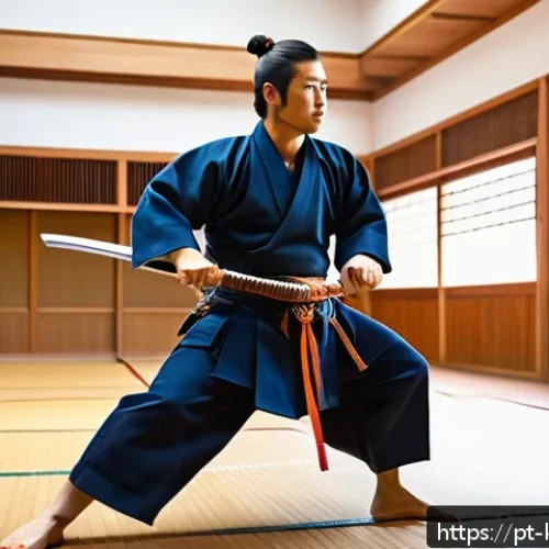 Home 31 검도 방어 기술 - A dynamic kendo match scene showing two adult male kendokas in full traditional armor (men, do, kote...