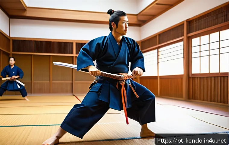 검도 방어 기술 - A dynamic kendo match scene showing two adult male kendokas in full traditional armor (men, do, kote...