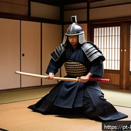 Home 30 검도와 유도 차이점 - A dynamic scene inside a traditional Japanese dojo featuring a kendo practitioner dressed in full bo...