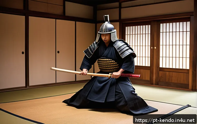 검도와 유도 차이점 - A dynamic scene inside a traditional Japanese dojo featuring a kendo practitioner dressed in full bo...
