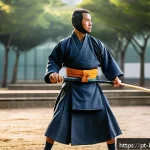 Home 23 검도 국제 대회 참가 팁 - A dynamic scene of a male kendo athlete training intensely outdoors in a modern urban park in São Pa...