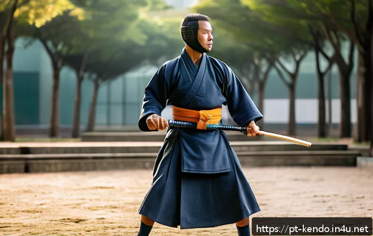 검도 국제 대회 참가 팁 - A dynamic scene of a male kendo athlete training intensely outdoors in a modern urban park in São Pa...