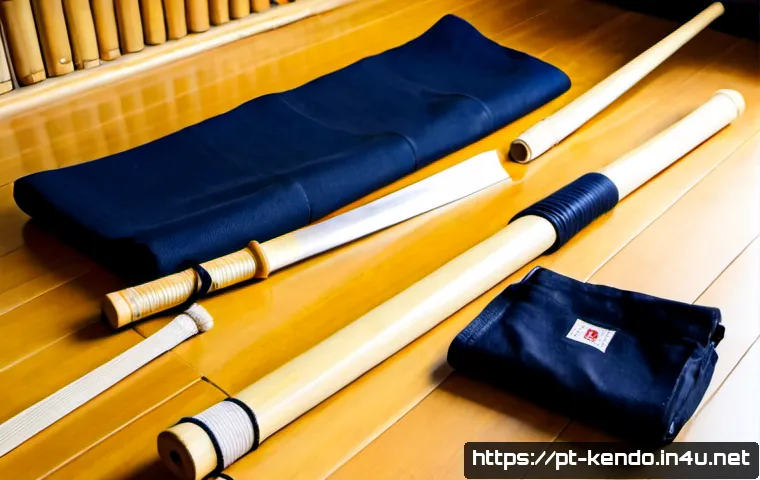 검도 필수 액세서리 - Photorealistic flat lay of essential kendo accessories neatly arranged on a polished wooden dojo flo...