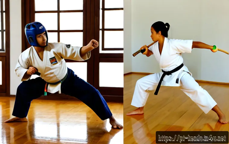 Home 17 검도와 다른 무술 비교 - Photorealistic split-scene comparison in a bright Portuguese martial arts studio: on the left, an ad...