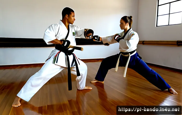 검도와 태권도 차이점 - Photorealistic martial arts comparison scene in a bright Brazilian training studio: two adult athlet...