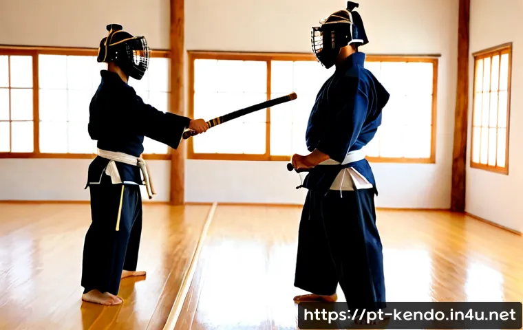 검도 초보자 가이드 - Photorealistic beginner kendo lesson in a bright traditional dojo in Portugal, adult student wearing...